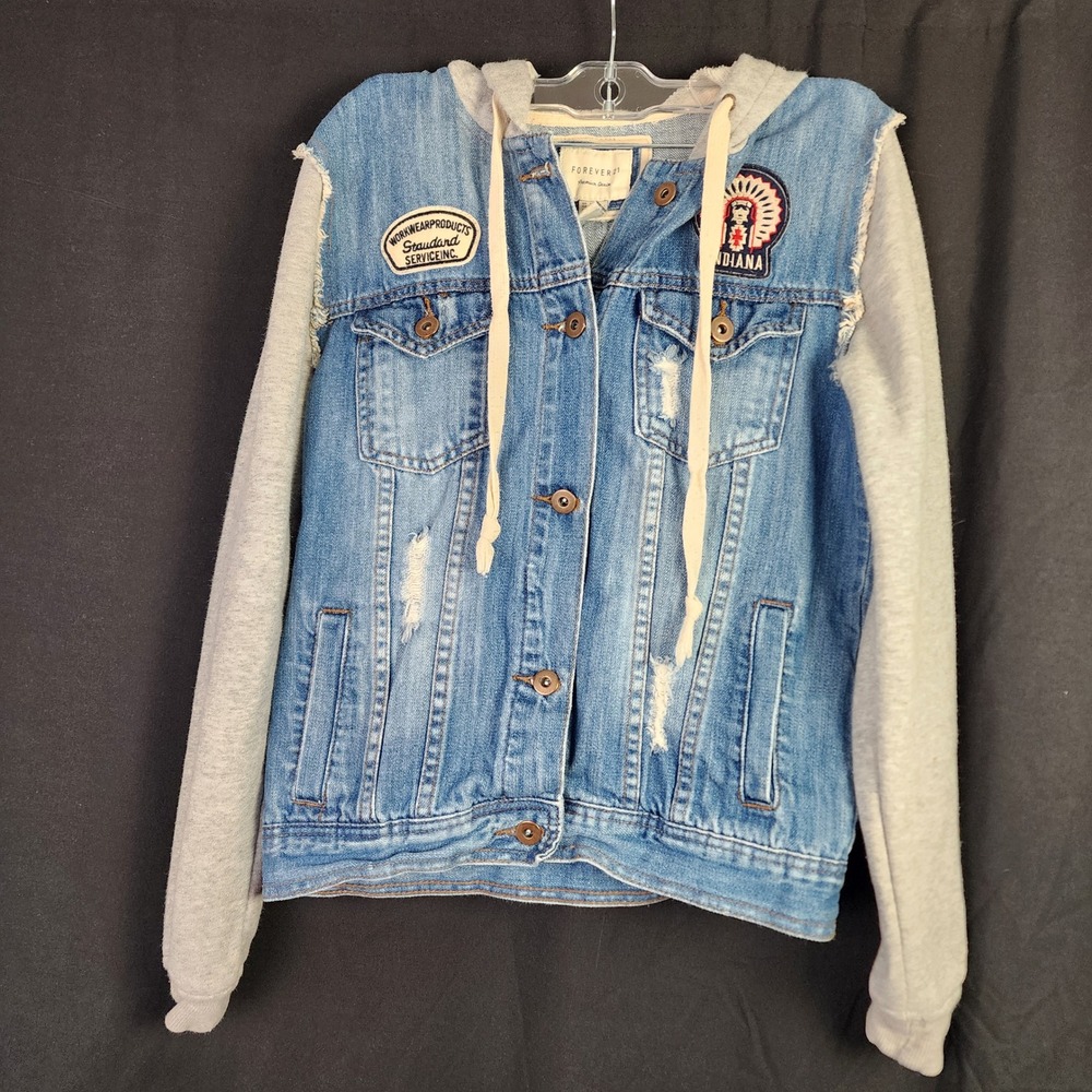 Forever 21 Distressed Denim Hooded Jacket Blue Grey‎ Combo Patches Size S